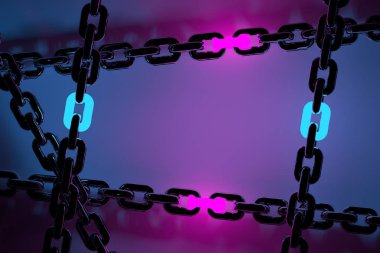Parlayan pembe mavi neon bağlantıları ile büyük zincirler