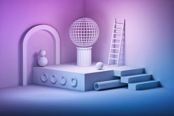 Composición con arco, bolas, escalera, escaleras, tubo de podio en pin — Foto de Stock