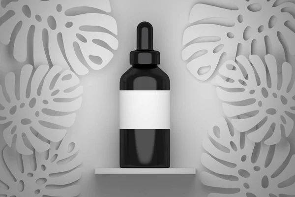 Black serum bottle with white empty label and Monstera leaves — Stock Photo, Image