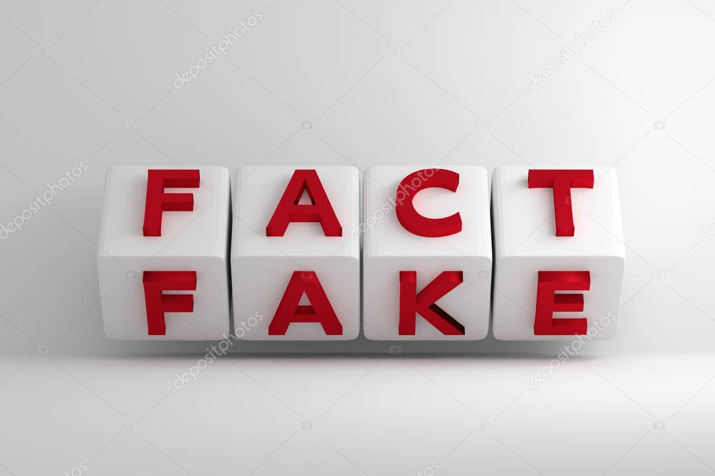 Red fact fake words on white large flipping cubes