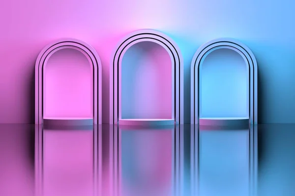 분홍색 파란색 그라데이션 으로 착색 거울 바닥에 세 아치 c — 스톡 사진