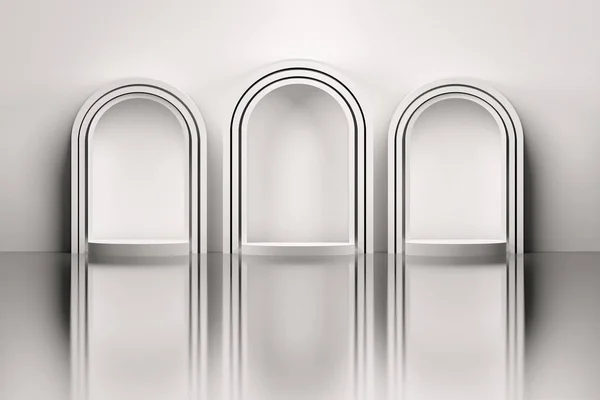 Три белые арки на зеркальном полу — стоковое фото