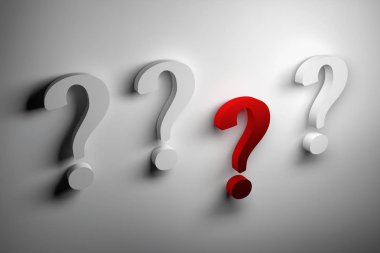 Beyaz arka planda büyük beyaz ve bir kırmızı soru işaretleri