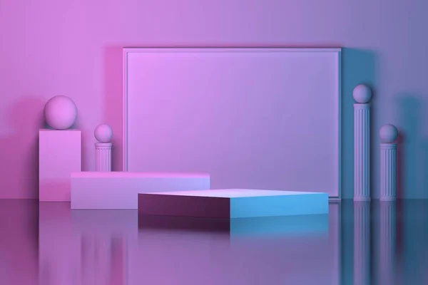 Ayna f üzerinde sütunlar ve kaideler podyumlar ile dikdörtgen kurulu