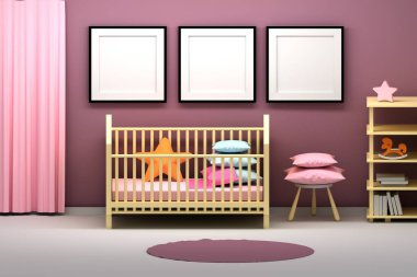 Sunum çerçeveleri ve birçok nesne olan çocuk odası