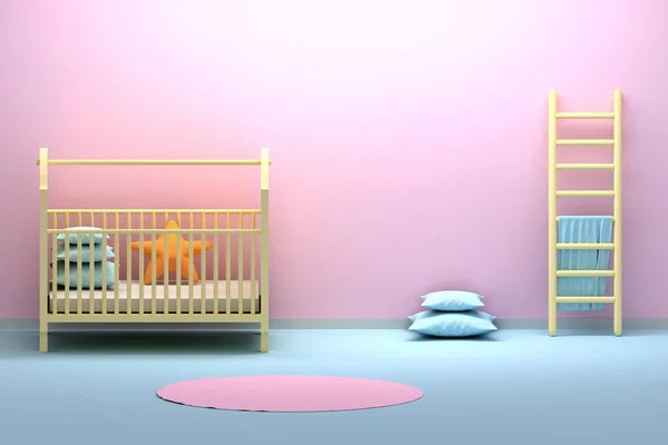 Niños habitación para niños recién nacidos con cuna, escalera y pared vacía — Foto de Stock