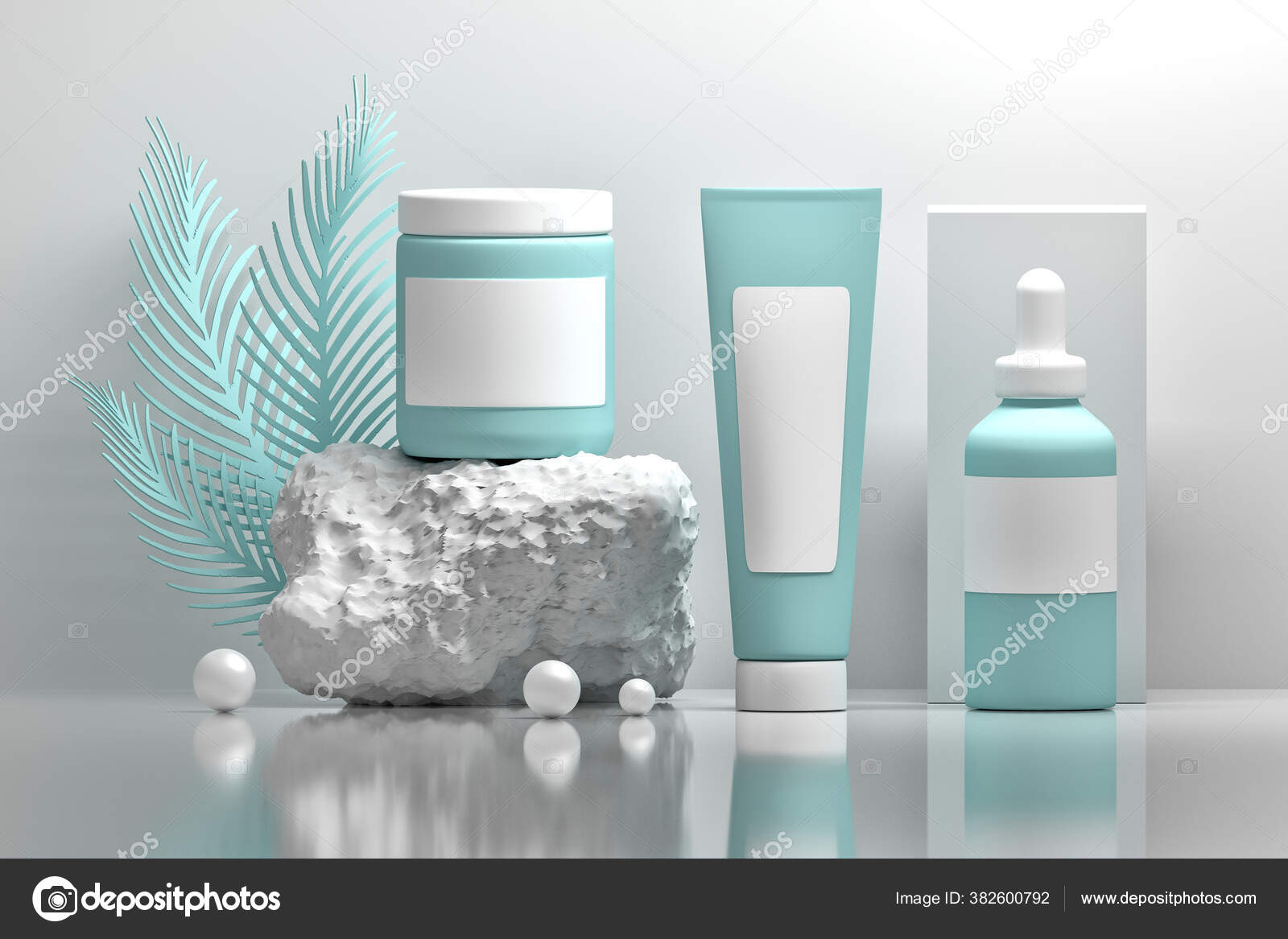 A set of bottles and tubes of cosmetics, jars for skin care with