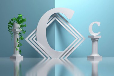 C harfi ve dekoratif sütunları olan yaratıcı kompozisyon, mavi arka planda saksı bitkileri. 3d illüstrasyon.