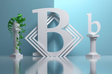B harfli yaratıcı kompozisyon ve dekoratif sütunlar, mavi arka planda saksı bitkileri. 3d illüstrasyon.