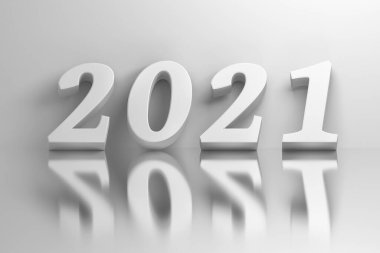 Parlak ayna yüzeyinden 2021 yeni yıl rakamları. 3d illüstrasyon.