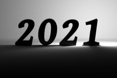 Büyük 2021 numaralı siyah beyaz tebrik kartı arka plandaki ışıkla aydınlatılmış. 3d illüstrasyon.