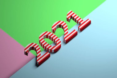 Yeşil mavi katmanlı arka planda kırmızı çizgileri olan büyük, renkli izometrik 2021 sayıları. 3d illüstrasyon.