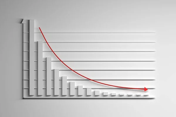 Graph chart with exponential decay bars and arrows on white background. 3d illustration.