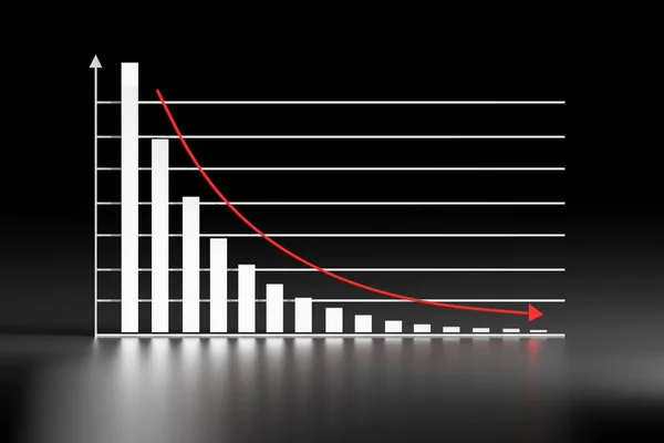 Graph chart with exponential decay bars and arrow down on black shiny reflective background. 3d illustration.