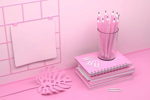 Composición Color Rosa Con Pila Cuadernos Espiral Vidrio Con Lápices — Foto de Stock