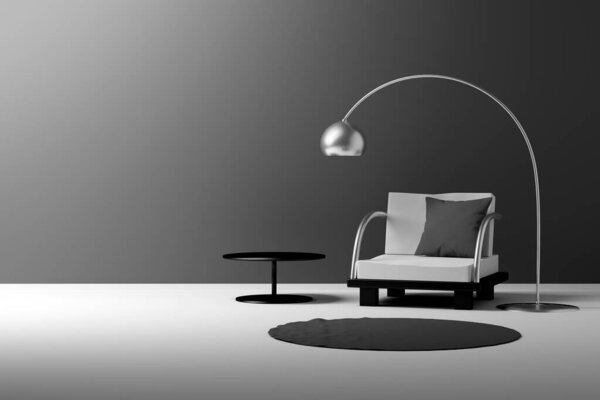 Indoor interior in scandinavian style with sitting chairs, metallic lamp and coffee chair with dark wall. 3d illustration.