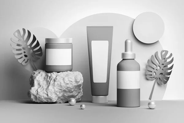 Monochrome Gray Set Collection Cosmetics Tubes Jars Bottles Stone Pedestal — Stock Photo, Image