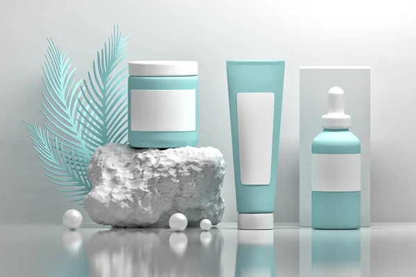 Creative Composition Set Blue Cosmetics Packaging Bottles Tubes Box Decorative — Stock Photo, Image