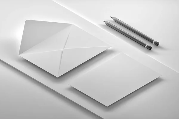 Isometric Arrangement White Opened Envelope White Card Two Black Penciols — Stock Photo, Image