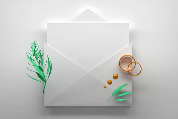 Envelope Aberto Com Cartão Papel Vazio Branco Anéis Noivado Decorativos — Fotografia de Stock