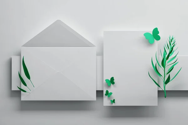Öppnade Papperskuvert Med Blankt Gratulationskort Växtgren Och Små Fjärilar Illustration — Stockfoto