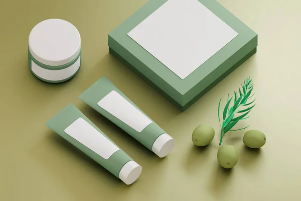 集合化妆品包装项目 盒子和橄榄与分支 3D说明 — 图库照片