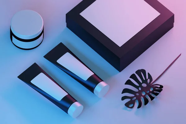 Siyah kozmetik tüpleri, kavanozu, boş etiketli kutusu ve pembe mavi ışıkla aydınlatılmış canavar yaprağıyla izole edilmiş bir model şablonu. 3d illüstrasyon.