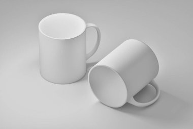 Beyaz arka planda iki beyaz kahve fincanı olan bir model şablon. 3d illüstrasyon.