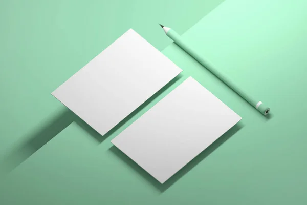 Modelo Maquete Cartões Visita Brancos Branco Dispostos Diagonalmente Com Lápis — Fotografia de Stock