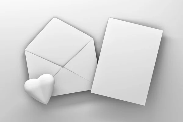 Modelo Mockup Com Envelope Branco Cartão Carta Coração Branco Sobre — Fotografia de Stock