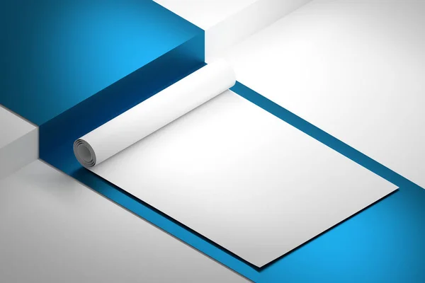 Modelo Mockup Com Folha Papel Branco Enrolada Tecido Azul Brilhante — Fotografia de Stock