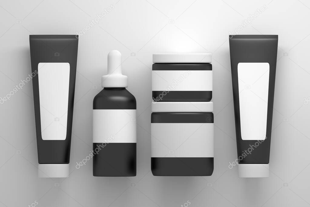 Mockup template with five black and white beauty cosmetics body facial care product packaging items. 3d illustration.