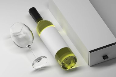 Beyaz etiketli ve şeffaf camlı uzun hediye kutusu olan alkollü şarap şişesinin maketi. 3d illüstrasyon.