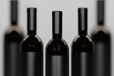 Siyah Matt etiketli ve koyu camlı bir dizi şarap şişesi şablonu. 3d illüstrasyon.