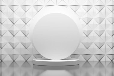 Üç boyutlu düşük polimerli duvarın arka planında geniş yuvarlak geometrik şekilli sunum şablonu. 3d illüstrasyon.