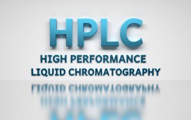 Yüksek Performanslı Sıvı Kromatografinin beyaz arkaplanda mavi kelimelerle yazılmış HPLC kısaltmasının büyük ve cesur kelimelerle çizimi. 3d illüstrasyon.