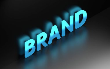 Tek kelime BRAND koyu parlak arka planda parlak mavi ışıkla yazılmış. 3d illüstrasyon.