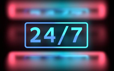 Büyük, cesur çalışma, açık zaman, 24 saat, parlak mavi neon ışıkla yazılmış 7 rakam. 3d illüstrasyon.