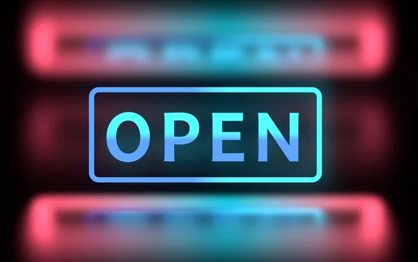Word Open Írva Nagy Vastag Neon Izzó Rózsaszín Kék Betűkkel — Stock Fotó