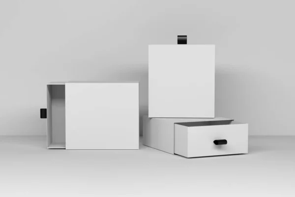 Modelo Maquete Com Três Caixas Presente Brancas Quadradas Abertas Fechadas — Fotografia de Stock