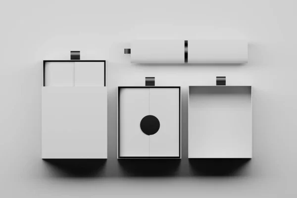 Beyaz arkaplanda ambalaj kutuları ve ambalaj tüplerinin toplanması. 3d illüstrasyon.