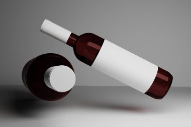 Yüzeyde boş etiketler ve boş kapaklarla uçan iki şarap şişesinin şablonu. 3d illüstrasyon.