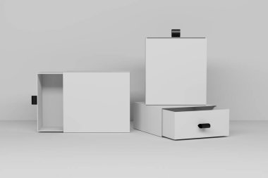 Yüzeyinde boş boşluğun olduğu üç kutulu maket şablonu. 3d illüstrasyon.