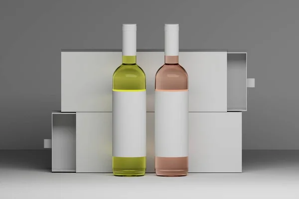 Kırtasiye Şablonu Iki Şarap Şişesi Beyaz Arka Planda Iki Kutu — Stok fotoğraf