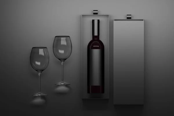 Composición Con Dos Copas Botella Vino Caja Negra Sobre Fondo —  Fotos de Stock