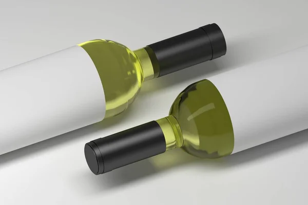 緑のガラスと白の紙のラベルを持つ2つのワインボトル 3Dイラスト — ストック写真