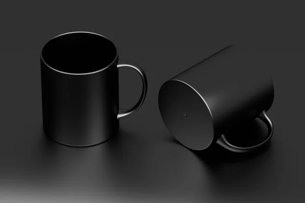 Mockup template of two black glossy coffee tea cups on dark glossy background. 3d illustration.