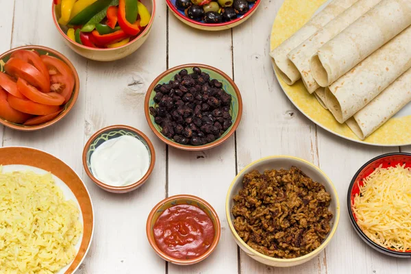 Ingredients Make Mexican Burritos Tortillas Rice Cheese Ground Beef Tomato — Stock Photo, Image