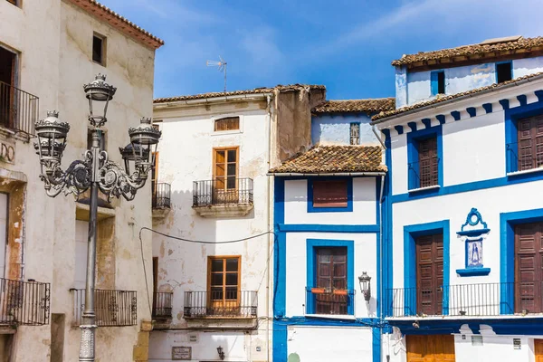 Голубые Дома Уличное Освещение Рыночной Площади Хатива Испания — стоковое фото