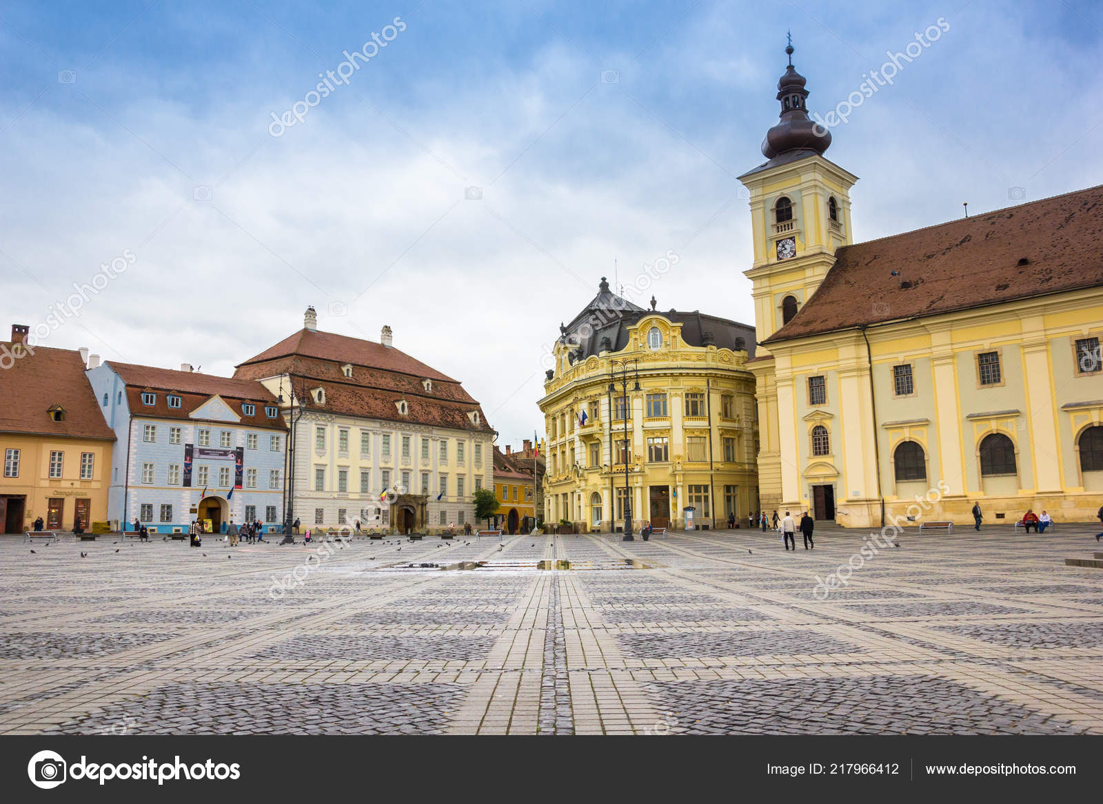 Panoramic view of Sibiu central square in Transylvania, Romania
